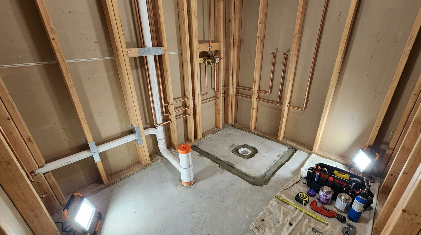 Bathroom rough-in plumbing during remodel by Johns Plumbing LLC in Buena