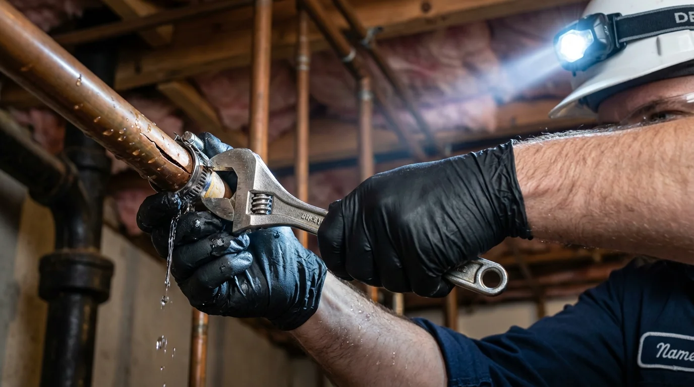 Emergency pipe clamp repair being performed by a Johns Plumbing LLC plumber in Buena