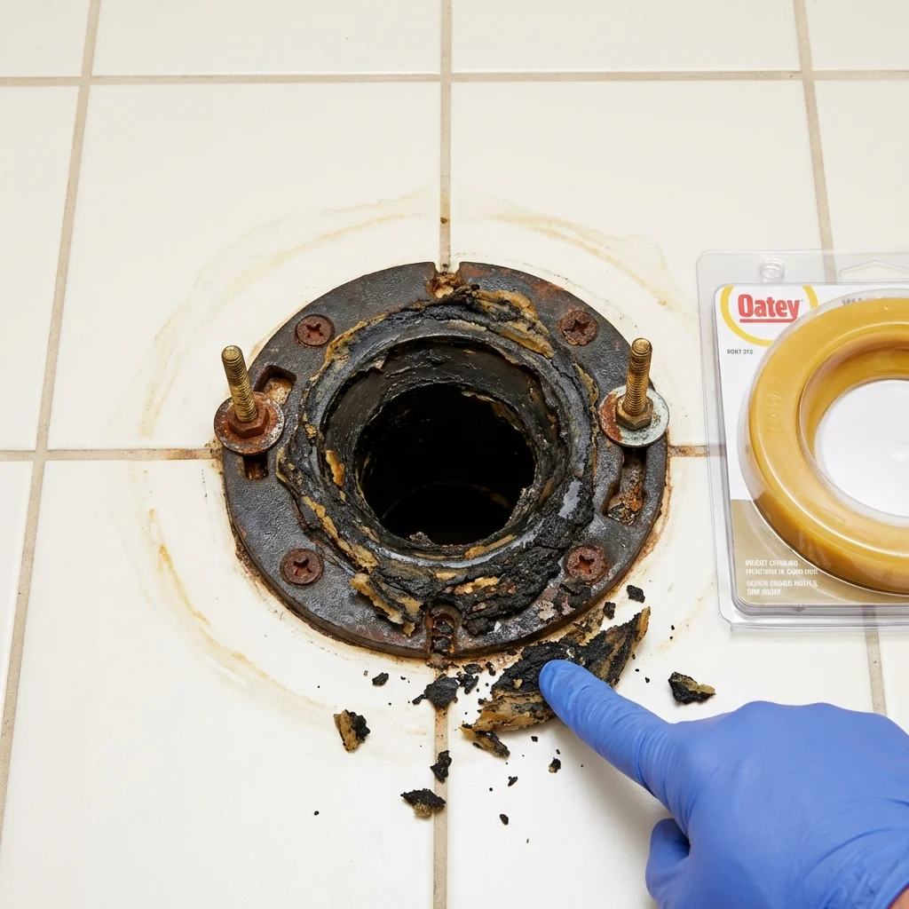 Failed wax ring showing water seepage at the base of a toilet in a Buena, NJ home