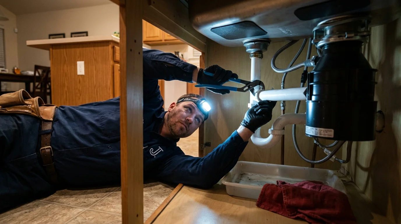 P-trap and supply line connections under a kitchen sink showing a common leak point in Buena, NJ